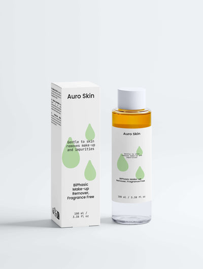 Fragrance-Free BiPhasic Make-up Remover by Auro Skin – cleanses skin without irritation.