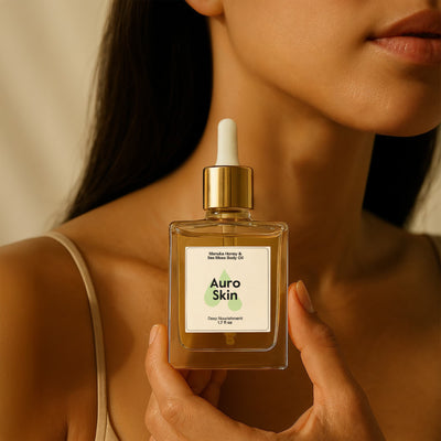 Auro Skin Manuka Honey Sea Moss Body Oil bottle on clean background