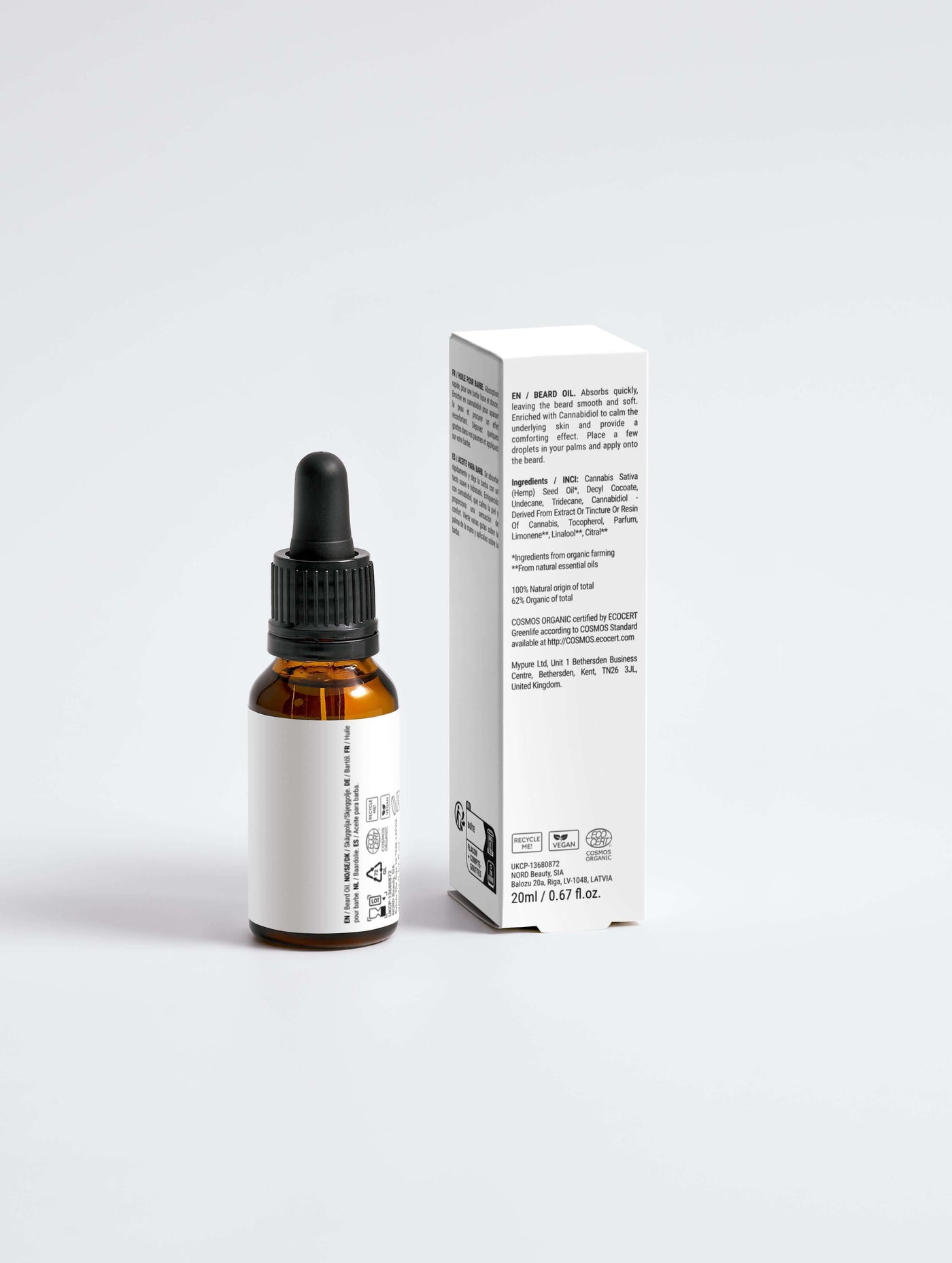 Softening Beard Oil bottle with dropper and packaging on a plain background.