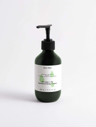 5% Urea + 2% Panthenol Body Cream in a dark green pump bottle for deep hydration and skin nourishment.